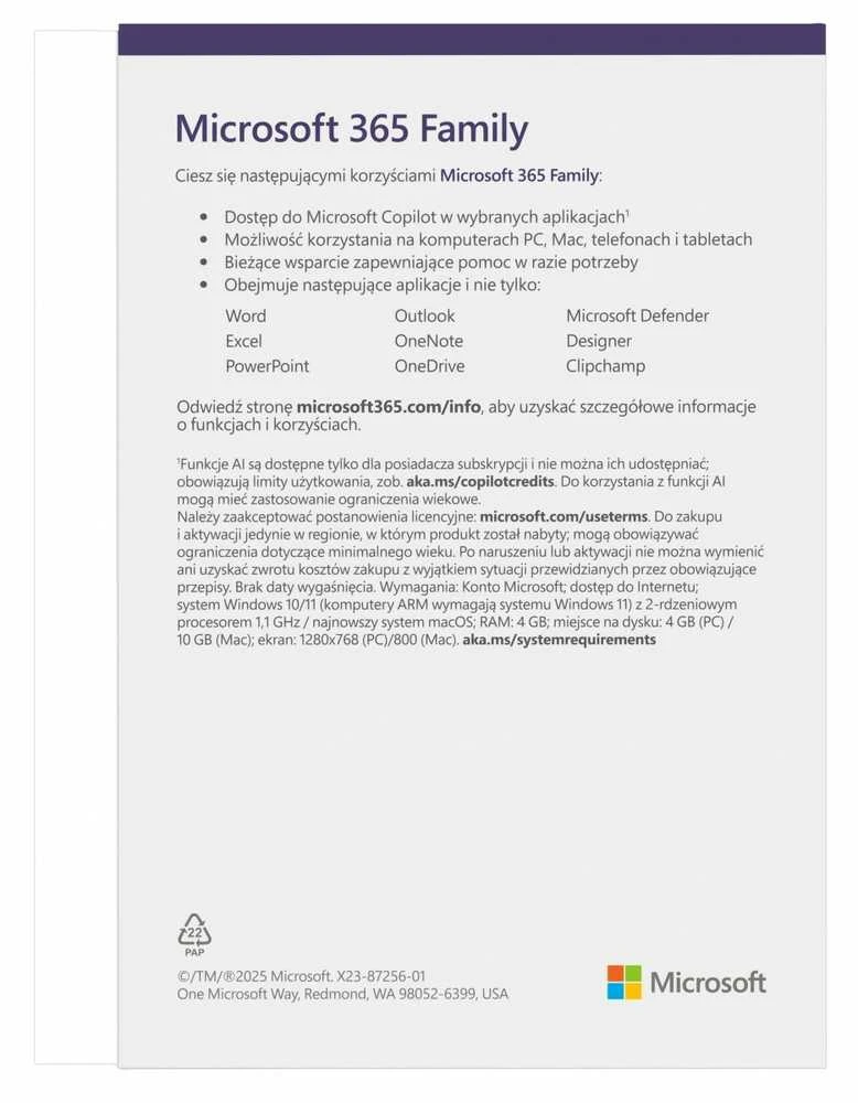 Microsoft 365 Family techninių specifikacijų lapas