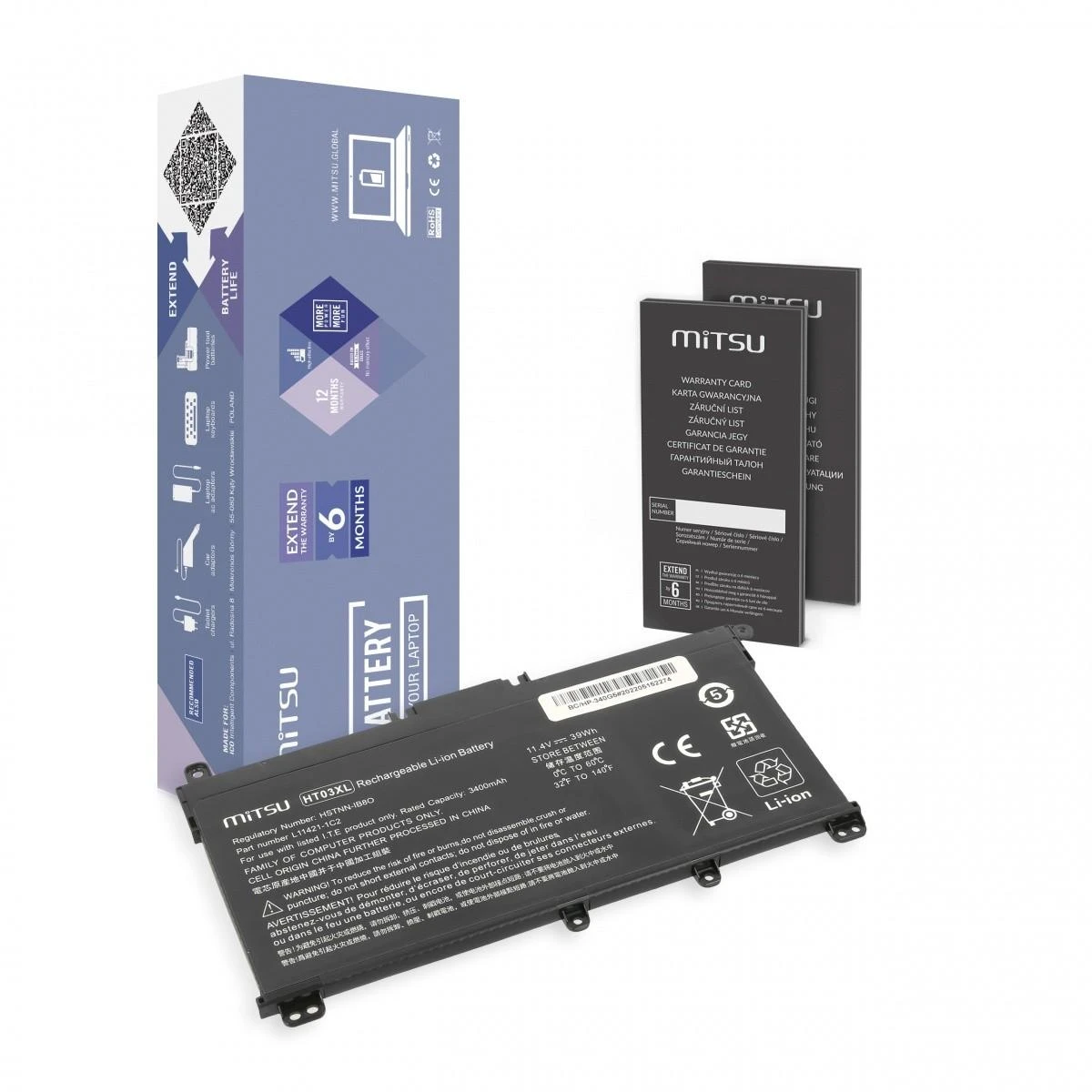Baterija Mitsu HP 240 250 G7 G8, 340 348 G5 G7 3400 mAh (39 Wh) 11.4 Voltas