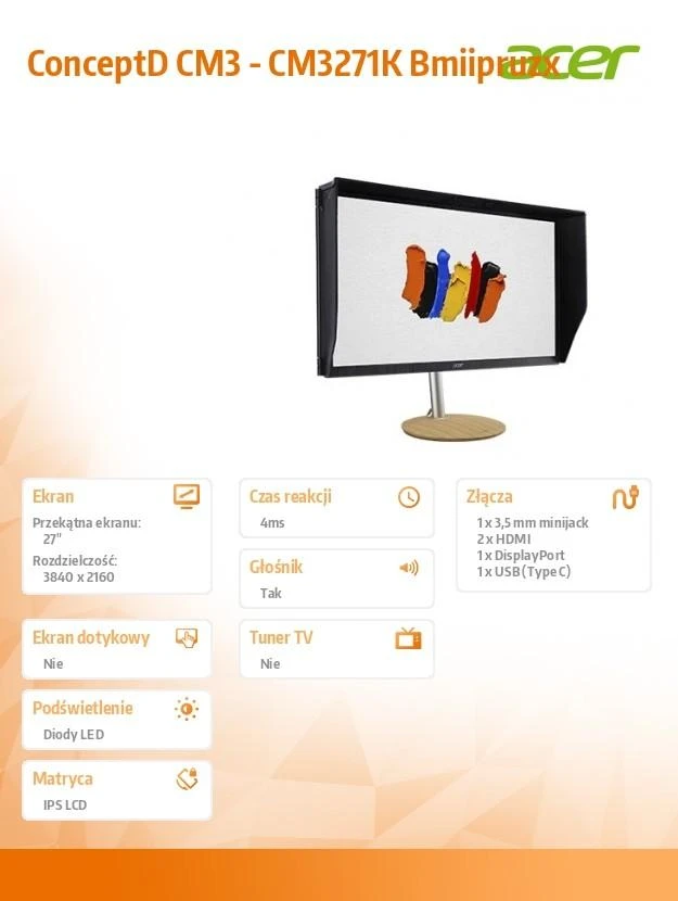 Monitorius Acer CM327K 27 colių IPS/3840/2160/4ms/350/HDMI, DisplayPort, USB