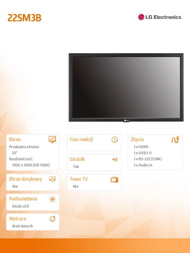 Monitorius LG 22SM3B 22 ", 250 cd/m², Landscape, 16/7, 178 °, 4M:1, 1920 x 1080 pikselių, 178 °, 12 ms