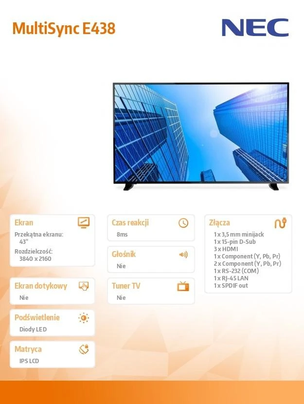 Monitorius NEC MultiSync E438 43" 4K komandų centras Ekranas