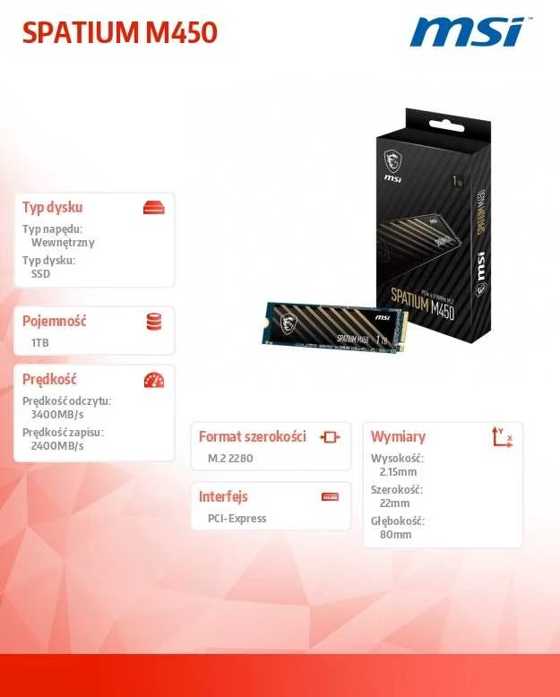 SSD kietasis diskas MSI SPATIUM M450 PRO, 1 TB PCIe Gen4x4 M.2 2280 SSD