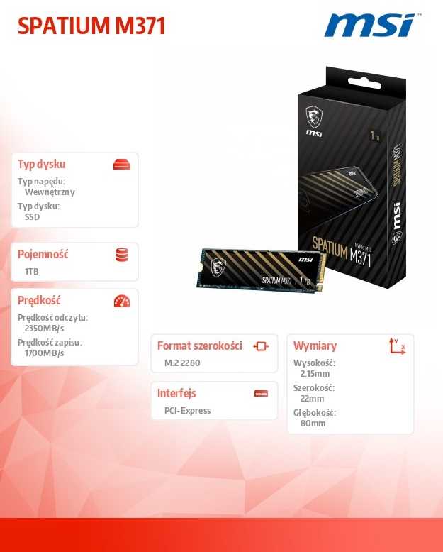 SSD diskai - MSI Space M371 1TB NVMe M.2 PCI Express 3.0