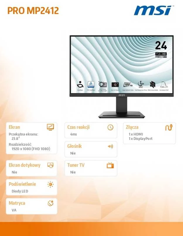 Monitorius MSI PRO MP2412 / 23.8" / VA /1920 x 1080 (FHD)/16:9/ 100 Hz /300 cd/m2/ 4 ms / Juodas