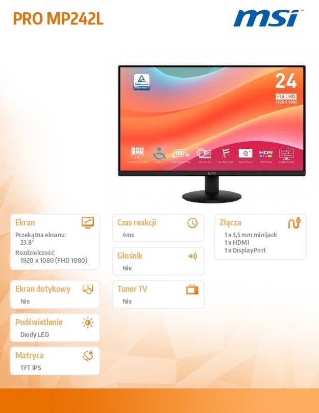 Monitorius MSI PRO MP242L | 100 Hz | Full HD | 23,8'' | IPS | 1 ms