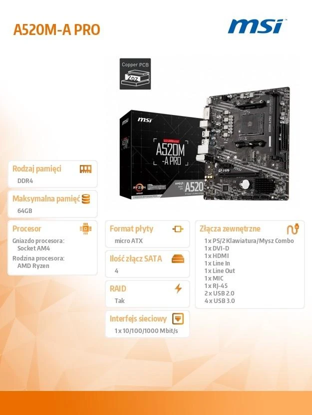 Pagrindinė plokštė MSI A520M-A PRO AM4 DDR4 1x M.2 4x SATA HDMI DVI-D M-ATX