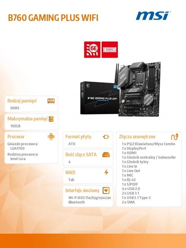 Pagrindinė plokštė MSI B760 GAMING PLUS WIFI LGA 1700 1xDP 1xHDMI