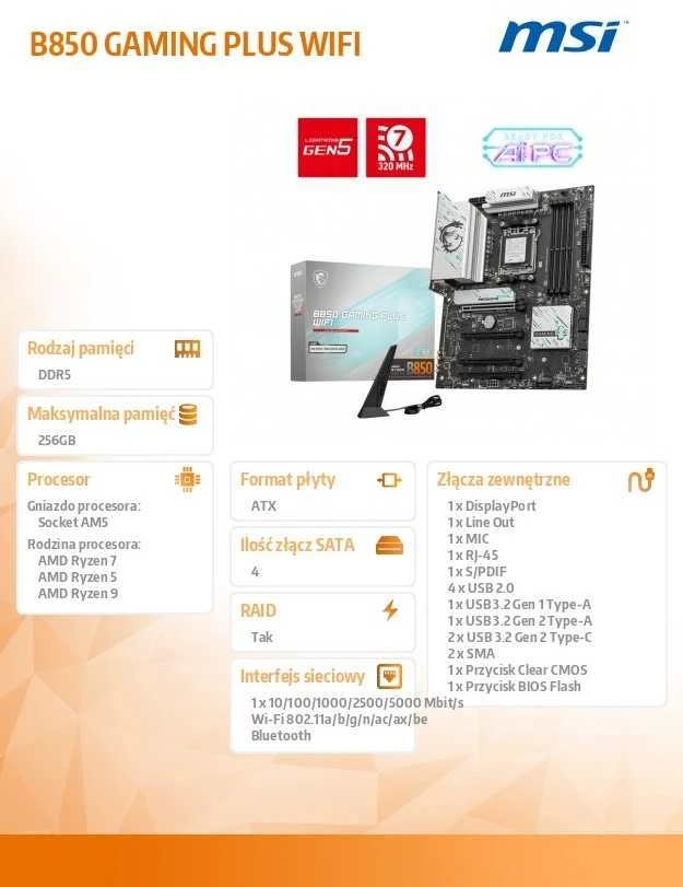 Pagrindinė plokštė MSI B850 GAMING PLUS WIFI