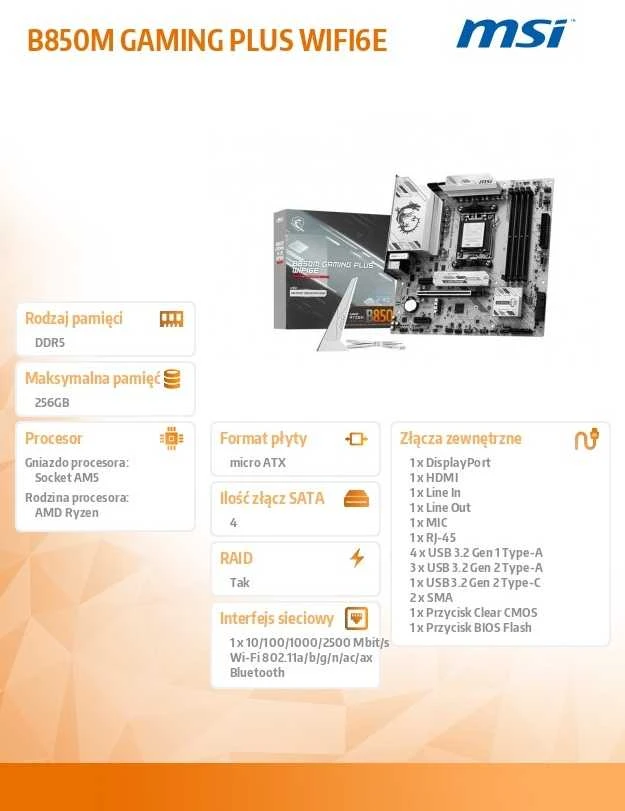 Pagrindinė plokštė MSI B850M GAMING PLUS WIFI6E | Procesorių šeima AMD | Procesoriaus lizdas AM5 | Palaikomos standžiojo disko sąsajos SATA, M.2 | SATA jungčių skaičius 4