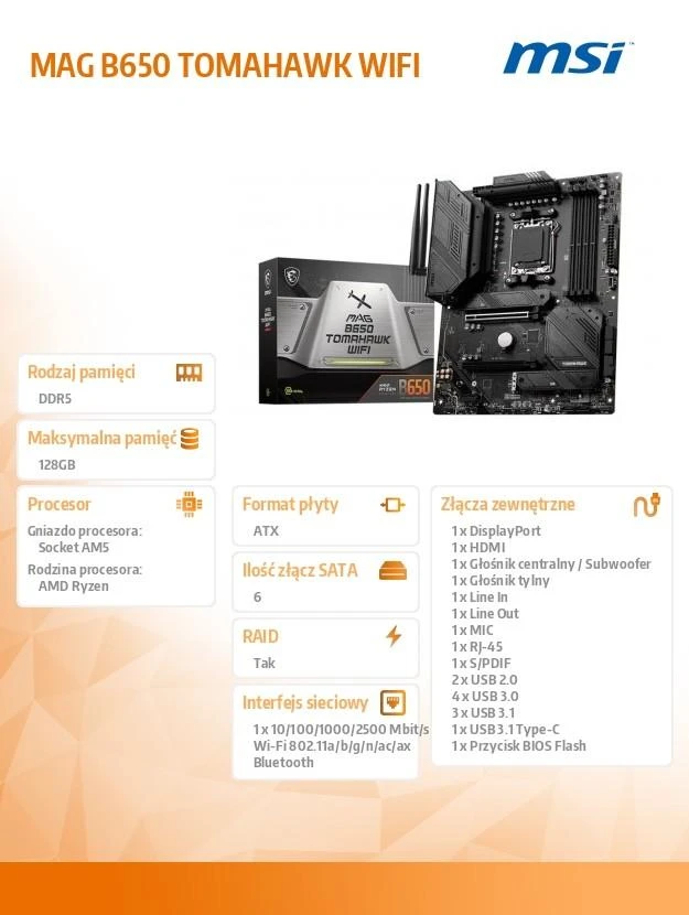 Pagrindinė plokštė MSI AMD B650/SAM5/ATX/Memory DDR5/Atminties lizdai 4/1xPCI-Express 1x/2xPCI-Express 16x/3xM.2/1xHDMI/1xDisplayPort/2xUSB 2.0/7xUSB 3.2/1xUSB-C/1xOptical S/PDIF/1xRJ45/5xAudio port