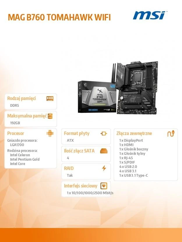 Pagrindinė plokštė MSI MAG B760 TOMAHAWK WIFI | Intel B760 Express | LGA1700 | ATX | Atmintis DDR5 | Atminties lizdai 4 | 1xPCI-Express 1x | 2xPCI-Express 16x | 3xM.2 | 1xHDMI | 1xDisplayPort