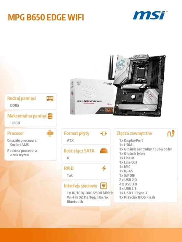 Pagrindinė plokštė MSI AMD B650/AM5/ATX/Memory DDR5/Atminties lizdai 4/1xPCI-Express 1x/1xPCI-Express 16x/3xM.2/1xHDMI/1xDisplayPort/2xUSB 2.0/7xUSB 3.2/1xUSB-C/1xOptical S/PDIF/1xRJ45/5xAudio port