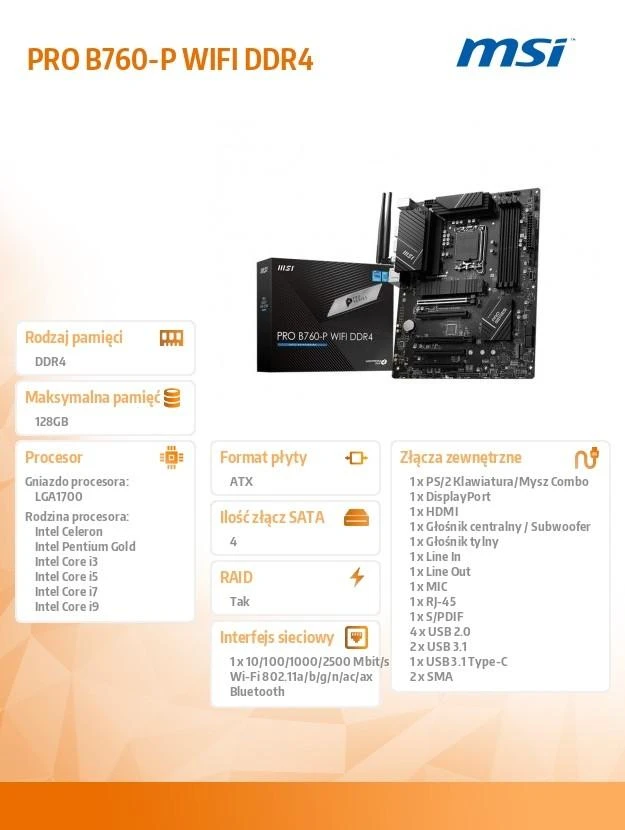 Pagrindinė plokštė MSI PRO B760-P WIFI DDR4, LGA1700, ATX, DDR4