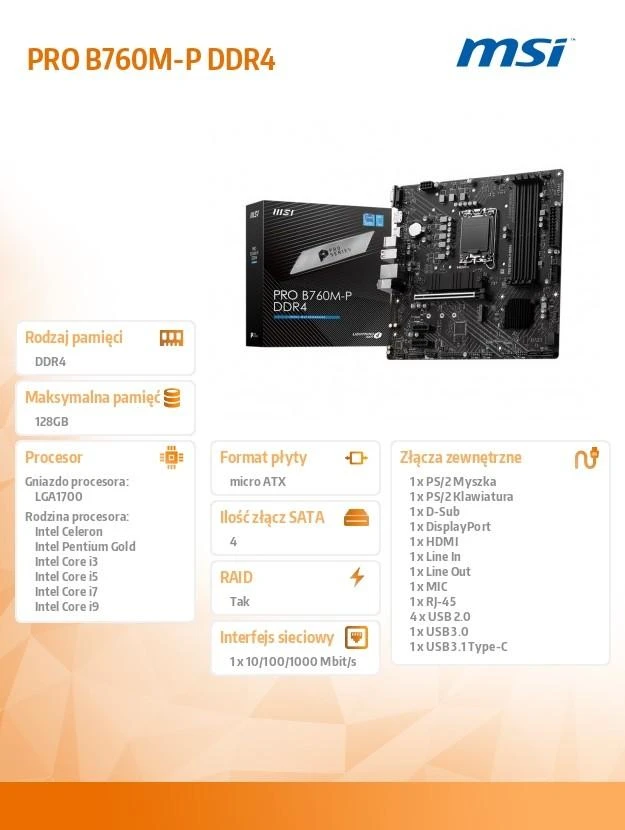 Pagrindinė plokštė MSI PRO B760M-P DDR4/LGA1700/Micro-ATX/Memory DDR4/Atminties lizdai 4/2xPCI-Express 1x/1xPCI-Express 16x/2xM.2/1x15pin D-sub/1xHDMI/1xDisplayPort/4x12x2B. /1xUSB-C/2xPS/2/1xRJ45/3xgarso prievadas