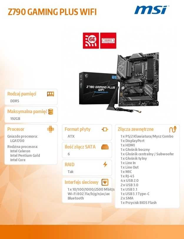 Pagrindinė plokštė MSI | Z790 GAMING PLUS WIFI | Procesorių šeima „Intel“ | Procesoriaus lizdas LGA1700 | DDR5 | SATA jungčių skaičius 6
