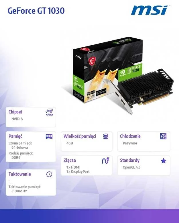 Vaizdo plokštė MSI GeForce GT 1030 4GHD4 LP OC | NVIDIA | 4 GB | GeForce GT 1030 | DDR4 | HDMI jungtys kiekis 1 | PCI Express 3.0 x16 (naudoja x4)