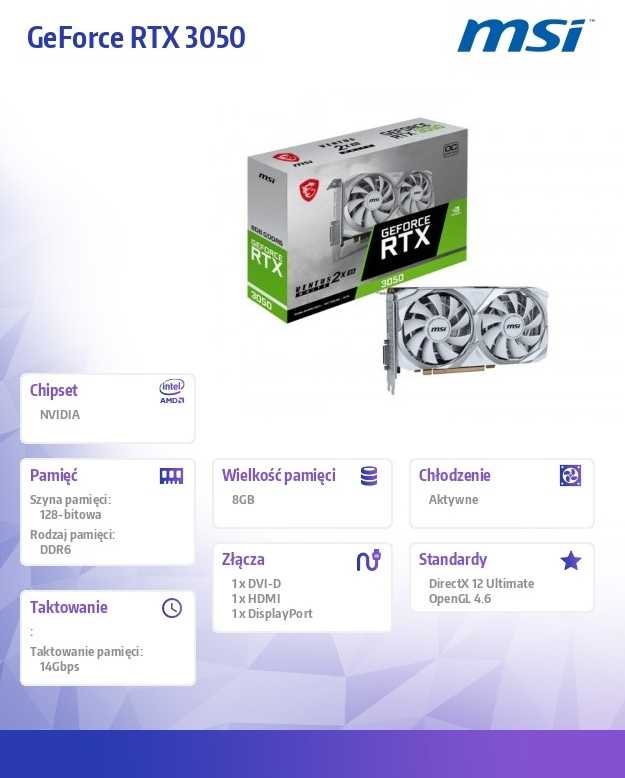 Vaizdo plokštė MSI NVIDIA GeForce RTX 3050, 8 GB, GDDR6, 128 bit, Balta