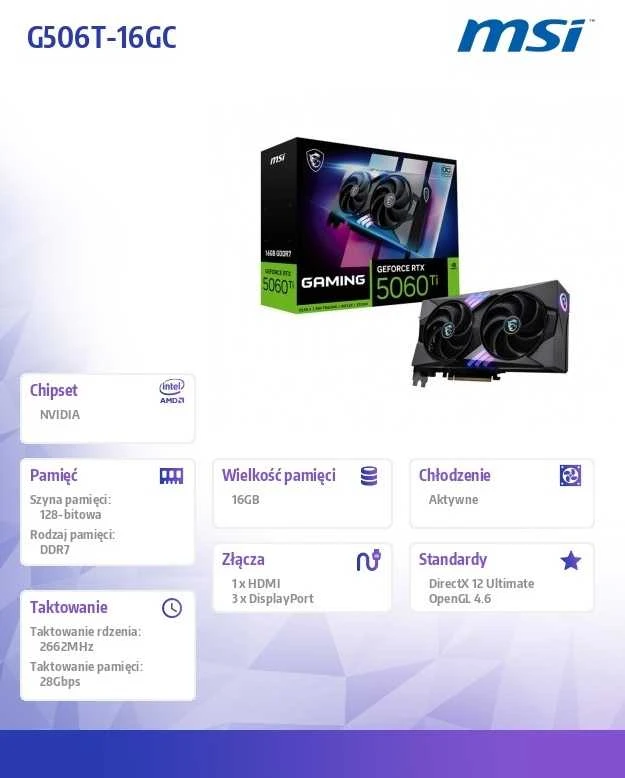 Vaizdo plokštė MSI GeForce RTX 5060 Ti 16GB žaidimų OC