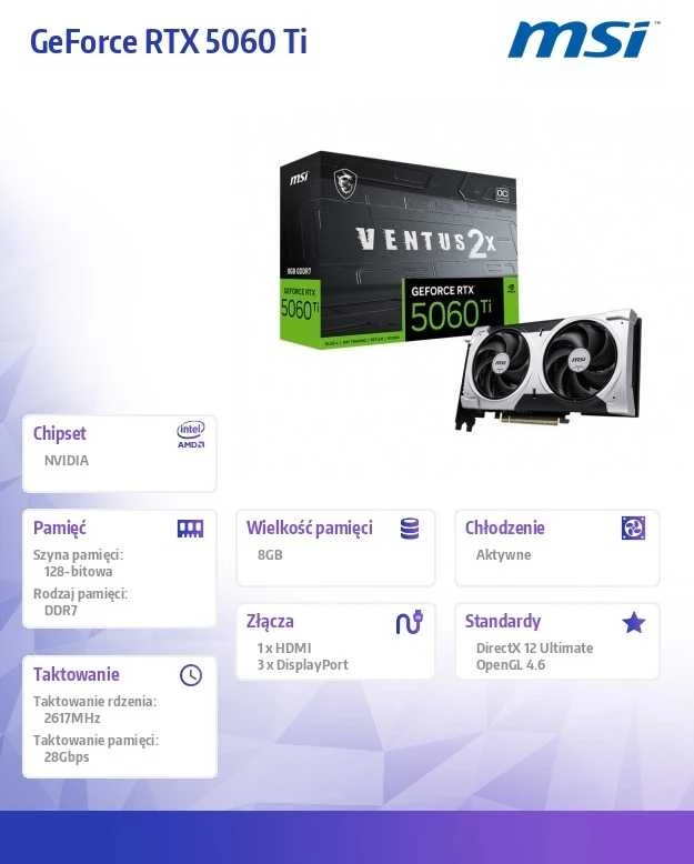 Vaizdo plokštė MSI GeForce RTX 5060 Ti 8 GB VENTUS 2X OC PLUS