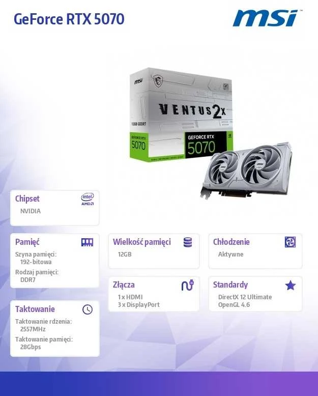 Vaizdo plokštė MSI GeForce RTX 5070 12G VENTUS 2X OC Baltas | NVIDIA | 12 GB | GeForce RTX 5070 | GDDR7 | HDMI jungtys kiekis 1 | PCI Express Gen 5