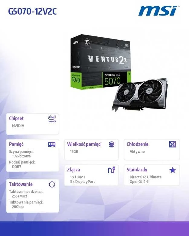 Vaizdo plokštė MSI GeForce RTX 5070 VENTUS 2X OC 12GB DLSS 4