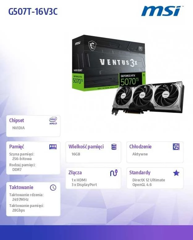 Vaizdo plokštė MSI GeForce RTX 5070 Ti | 16 GB | GDDR7 | 256 bit | PCIE 5.0 16x | Triple slot Fansink | 1xHDMI | 3x DisplayPort