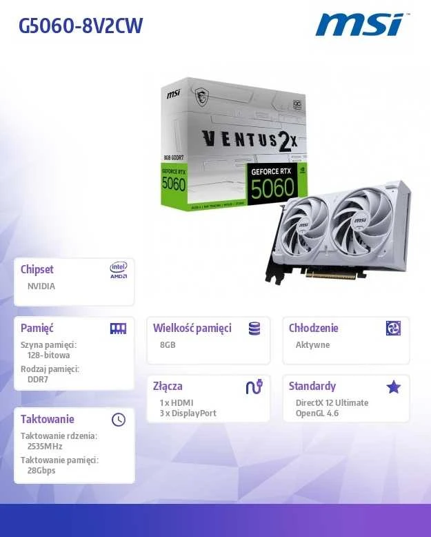 Vaizdo plokštė MSI GeForce RTX 5060 8G VENTUS 2X OC Baltas NVIDIA 8 GB GDDR7