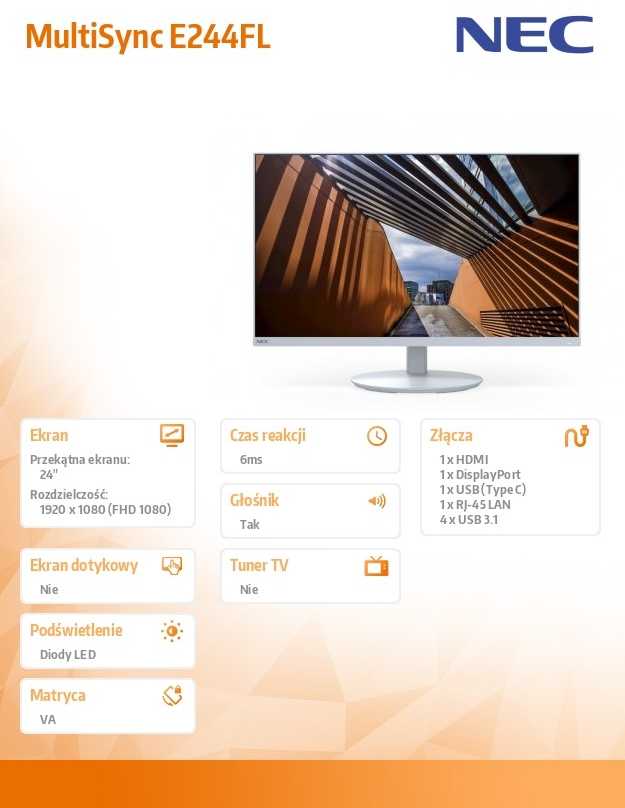 NEC Monitorius MultiSync E244FL 24 cale USB-C HDMI balta