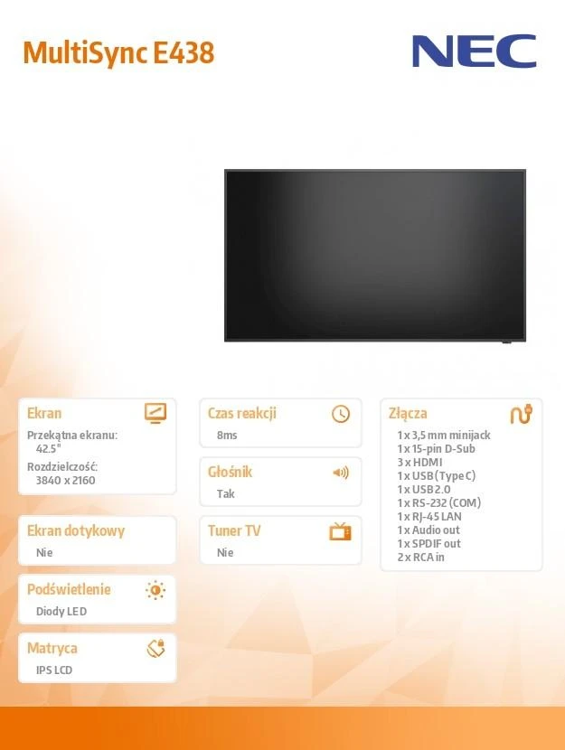Monitorius NEC MultiSync E438 43" 4K komandų centras Ekranas