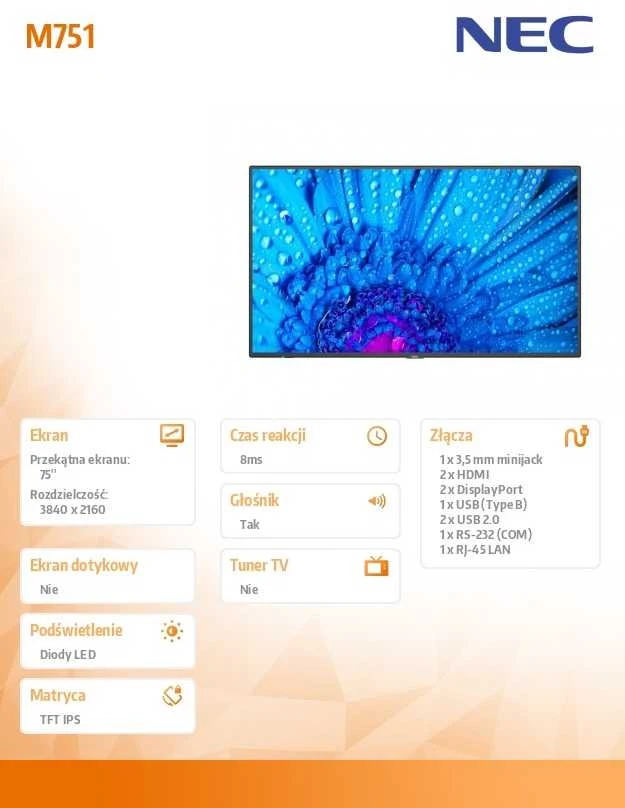 Monitorius NEC MultiSync M751, skaitmeninis informacinis plokščias ekranas, 190,5 cm (75"), LCD, 3840 x 2160 pikselių, 24/7