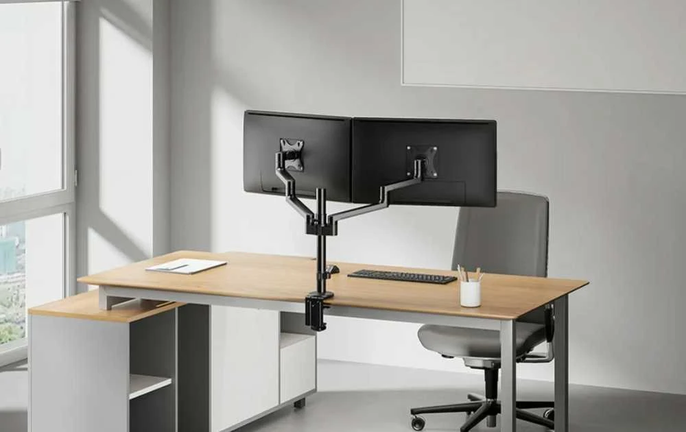 Laikiklis NEOMOUNTS SCREEN STALO MONTUVAS DVIEM EKRANAMS, Juodas (CLAMP+GROMMET)