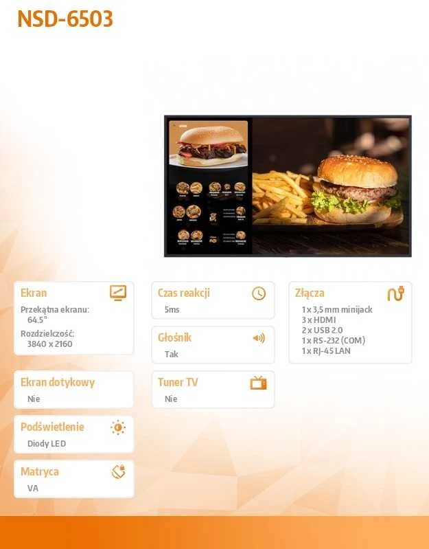 Monitorius „AG Neovo NSD-6503“ skaitmeninis informacinis plokščias ekranas 163,8 cm (64,5 colio) LCD „Wi-Fi“ 500 cd/m² 4K „Ultra HD“ Juodas Integruotas procesorius „Android 9“ 24/7