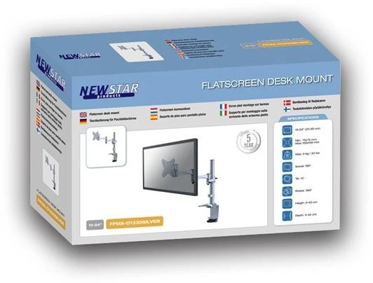 Neomounts NEWSTAR FPMA-D1330SILVER stalo laikiklis/spaustukas, plokščiaekranis, 10–30 colių, VESA 75x75/100x100 mm, pasukamas, sidabrinis