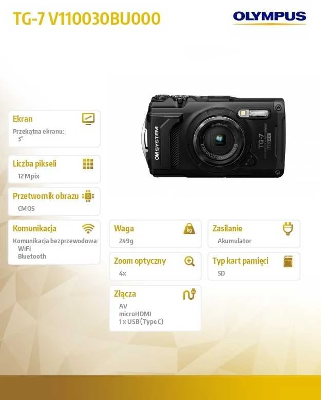 Olympus Olimpas | Skaitmeninis fotoaparatas | TG-7 | 12 MP | ISO jautrumas (maks.) 12800 | Ekrano įstrižainė 3,0" | Vaizdo įrašymas | Wi-Fi | TTL iESP automatinis fokusavimas su kontrasto aptikimu | 1/2,33" CMOS | Juodas
