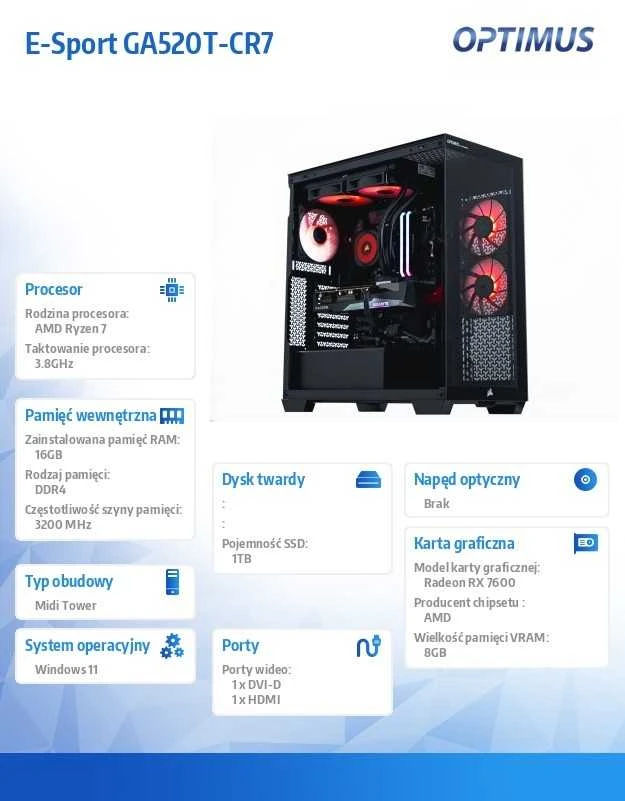 Stacionarus kompiuteris Optimus e-sport kompiuteris gb550t-cr5 ryzen 7 5800x/16gb/1tb/rx 7600 gaming oc 8g/w