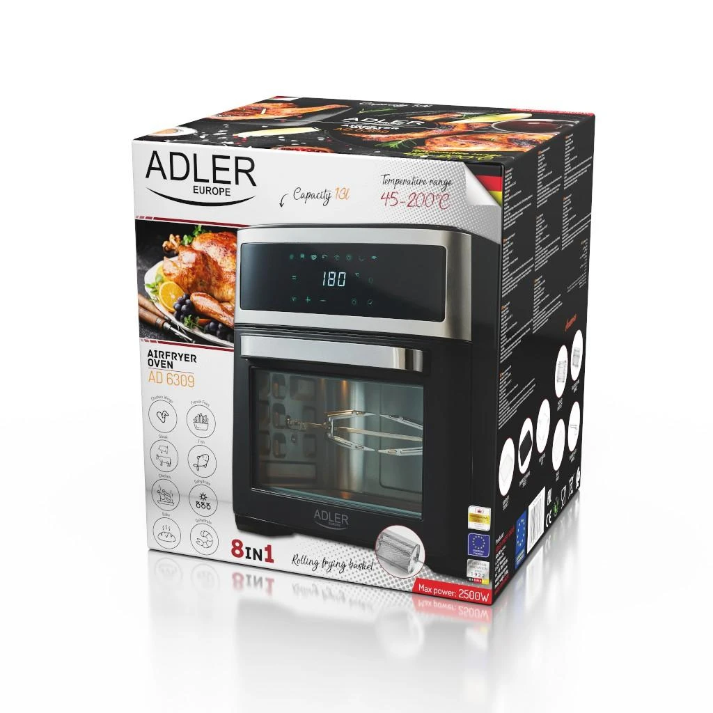 Mikrobangų krosnelė Adler | Airfryer Oven | AD 6309 | Power 1700 W | Capacity 13 L | Nerūdijantis plienas/Juodas