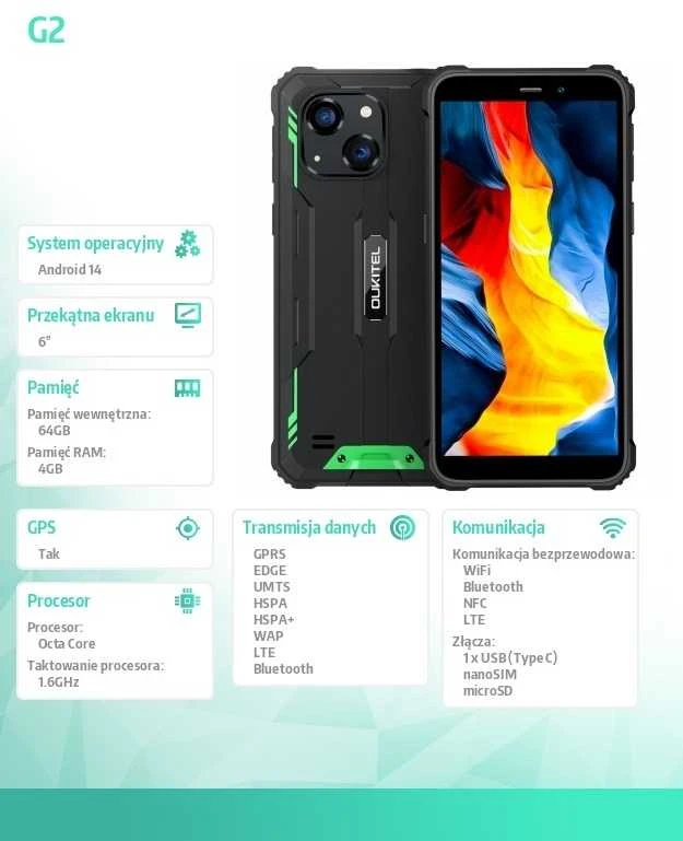 Išmanusis telefonas „Oukitel G2 6′ 4/64 DS“. 6300 mAh (žalias) be įkroviklio