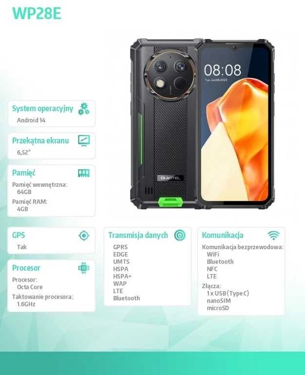Išmanusis telefonas Oukitel WP28E 4/64 10600mAh DS. Žalios spalvos be įkroviklio