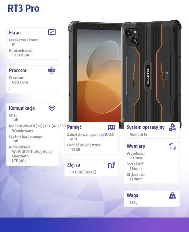 Planšetė Oukitel RT3 Pro 4/128GB oranžinis, tvirtas, 5150 mAh