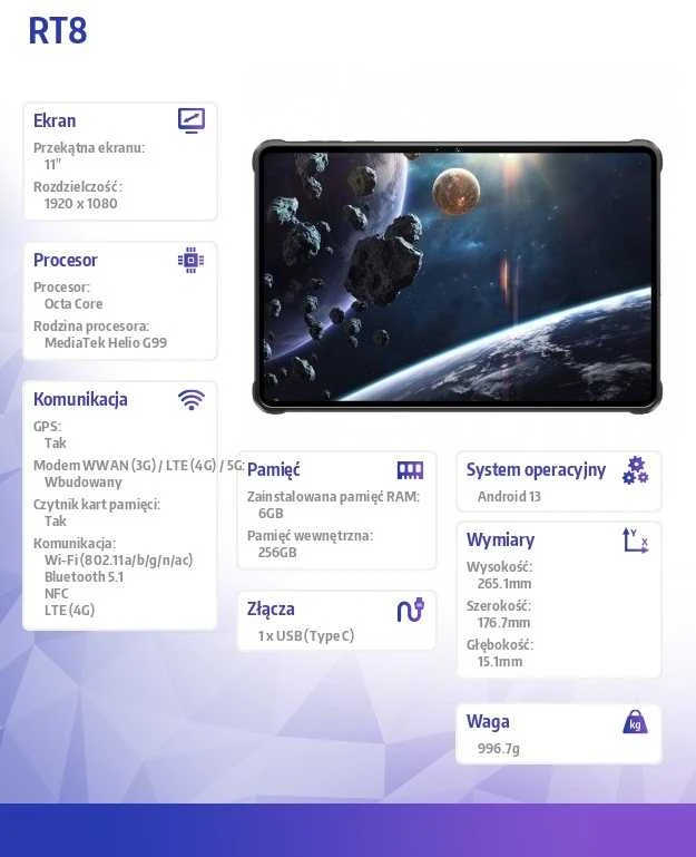 Oukitel RT8 6/256GB Juodas Rugged Planšetė 20000mAh be įkroviklio