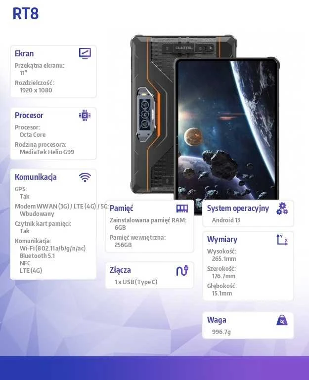 Planšetė Oukitel RT8 6/256GB Oranžinis Tvirtas 20000 mAh planšetinis kompiuteris be įkroviklio