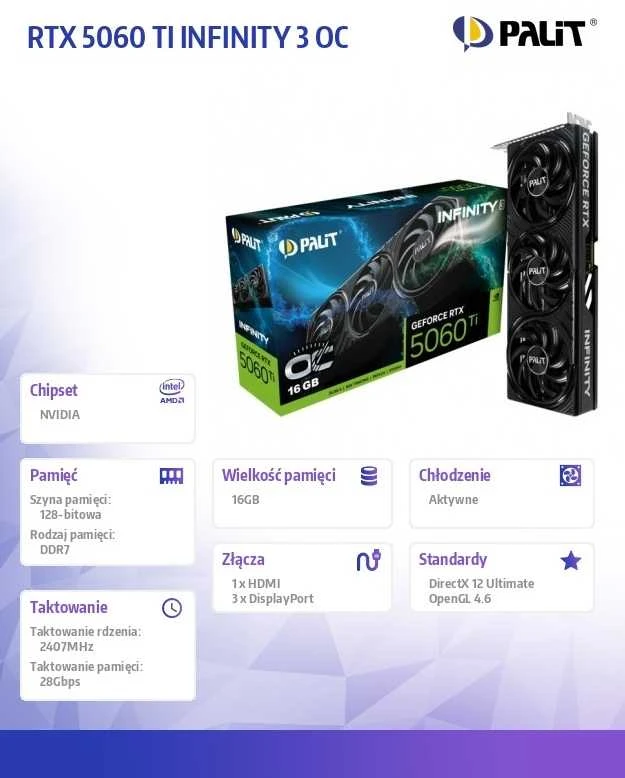Palit Vaizdo plokštė RTX 5060 TI INFINITY 3 OC 16GB GDDR7 128bit 3DP/HDMI
