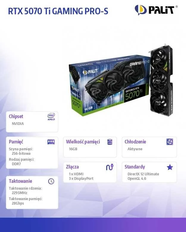 Vaizdo plokštė Palit GeForce RTX 5070 GamingPro-S, 16384 MB GDDR7
