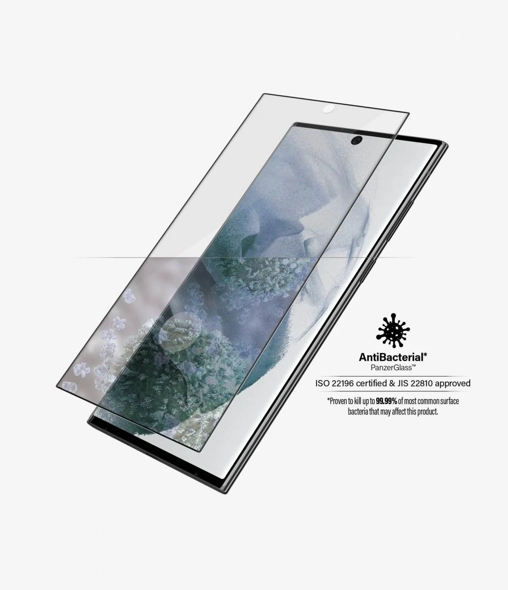 Panzer Glass PanzerGlass | Samsung | Galaxy S22 Ultra | Grūdintas stiklas | Juodas | Draugiškas atvejams. Suderinamas su ultragarsiniu pirštų atspaudų jutikliu. 100% jutiklinis jautrumas. Antibakterinis (sertifikuotas ISO 22196 ir JIS 22810) | Ekrano apsauga