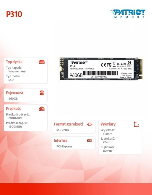 PATRIOT P310 960GB M2 2280 PCIe SSD NVME