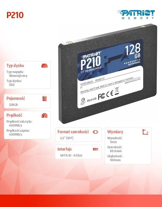 Kietasis vidinis diskas Patriot P210 SSD SATA III 2.5", 128 GB