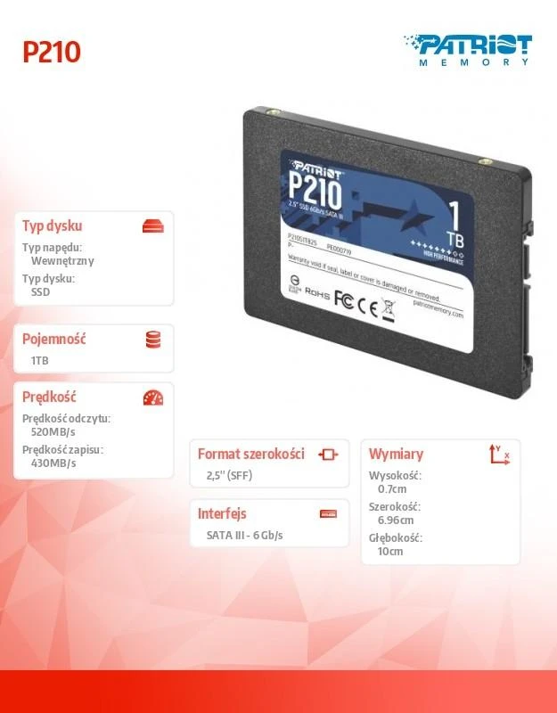 Kietasis vidinis diskas Patriot P210 SSD SATA III 2.5", 1 TB