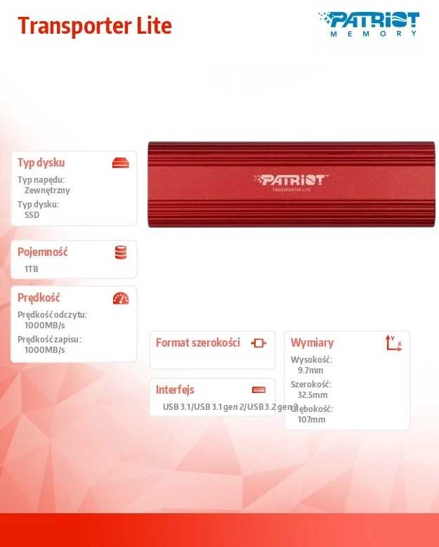 Kietasis diskas Išorinis Nešiojamas SSD - Patriot Transporter Lite 1TB (Raudonas)