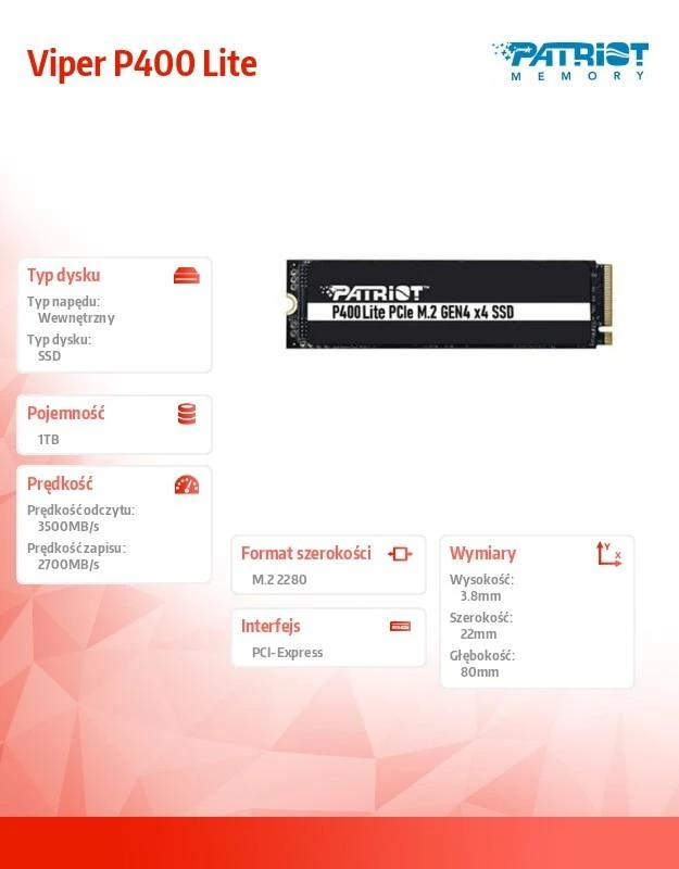PATRIOT Viper VP400 Lite 1TB M.2 SSD NVME GEN 4X4 3500/2700MB/s