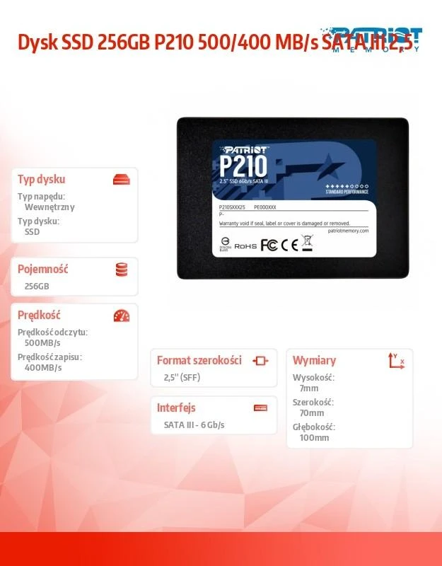 Kietasis vidinis diskas Patriot P210 SSD SATA III 2.5", 256 GB